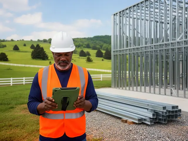 Builder in a white hard hat and orange vest reviewing plans on a green tablet
