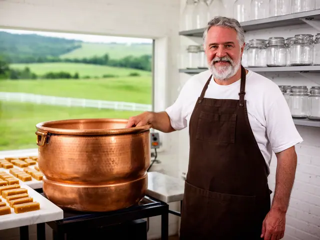 Confectioner in a brown apron rests a hand on a large hammered copper kettle beside trays of fudge squares