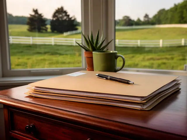 Stack of kraft folders with a black pen on a wooden desk by a window over fenced pasture
