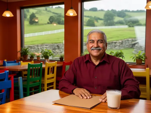 Restaurant owner smiling at a table with a folder and a glass of horchata