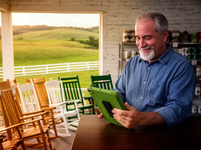 Country store owner in a denim shirt smiles at a green-cased tablet beside a row of wooden rocking chairs
