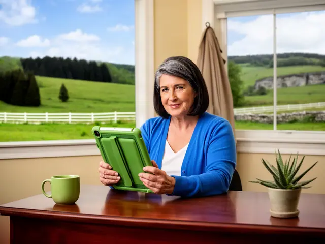 Cleaning business owner holding a green tablet at her desk with pastures outside