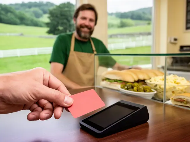 Customer holding a coral card over a flat black terminal at a deli counter