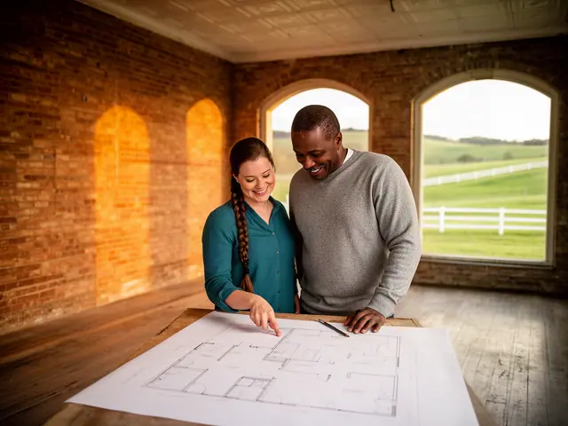Two business partners study a floor plan on a table in an empty brick room with arched pasture windows