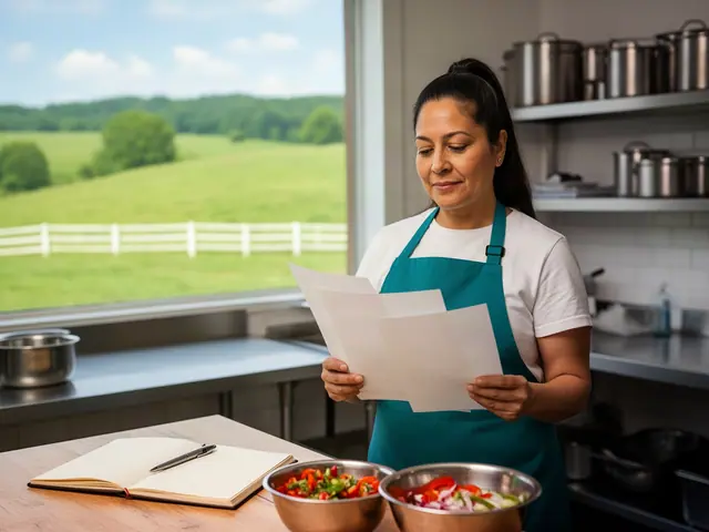 Kitchen owner in a teal apron reads printed pages beside bowls of chopped peppers, green pasture through the window